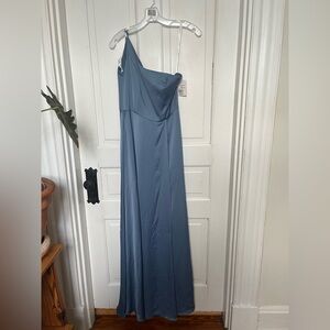 David's Bridal One-Shoulder Slate Blue Evening Bridesmaid Gown